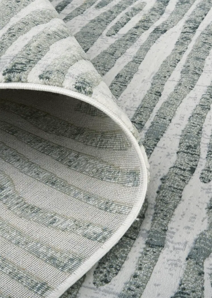 8' Ivory Gray and Green Abstract Power Loom Worn Faded Runner Rug