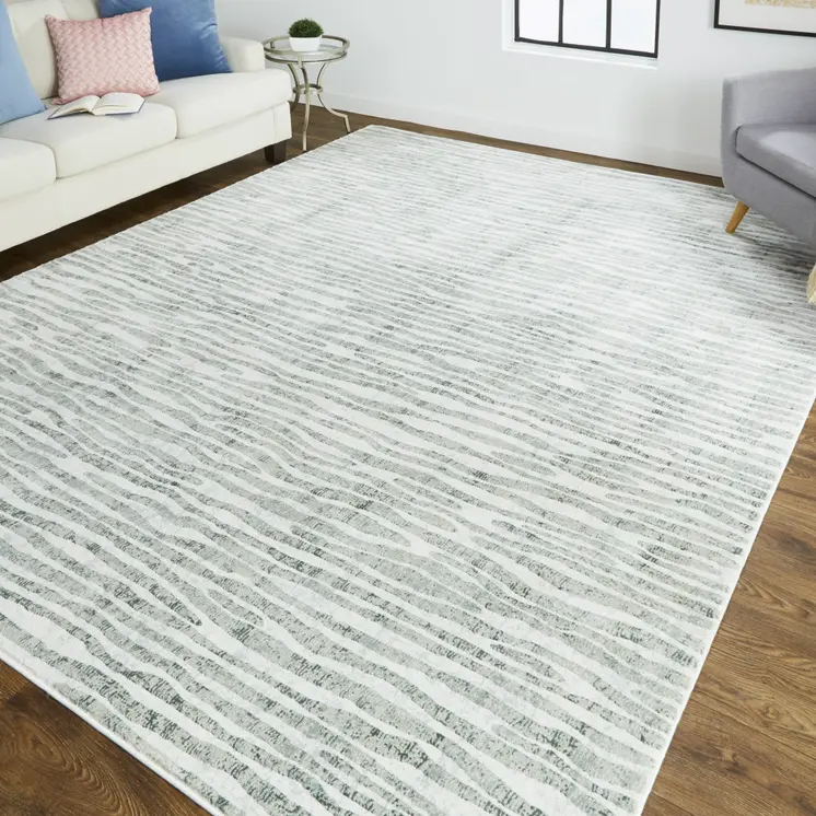8' Ivory Gray and Green Abstract Power Loom Worn Faded Runner Rug