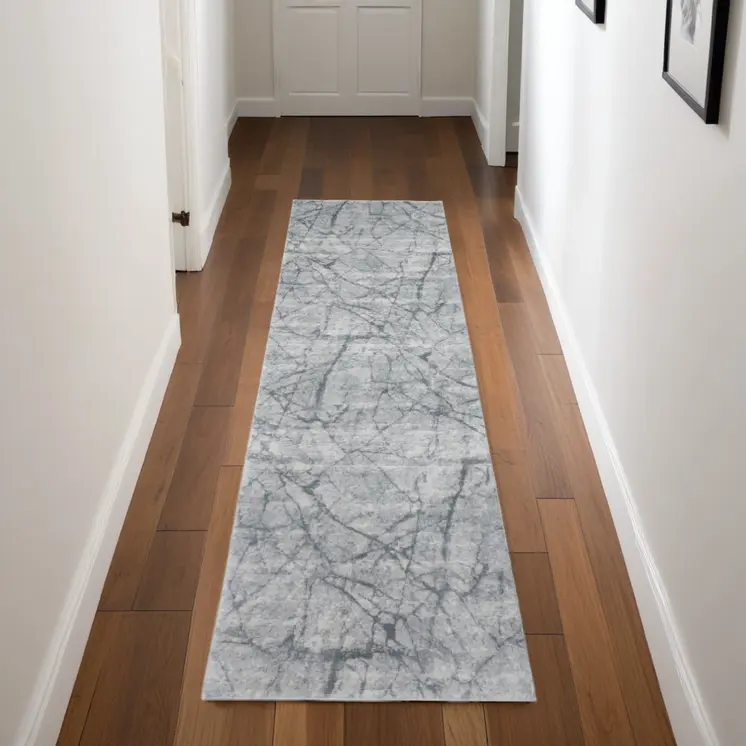8' Gray and Ivory Abstract Power Loom Worn Faded Runner Rug