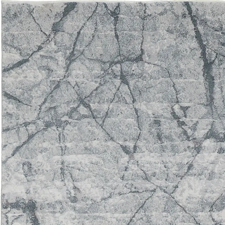 8' Gray and Ivory Abstract Power Loom Worn Faded Runner Rug