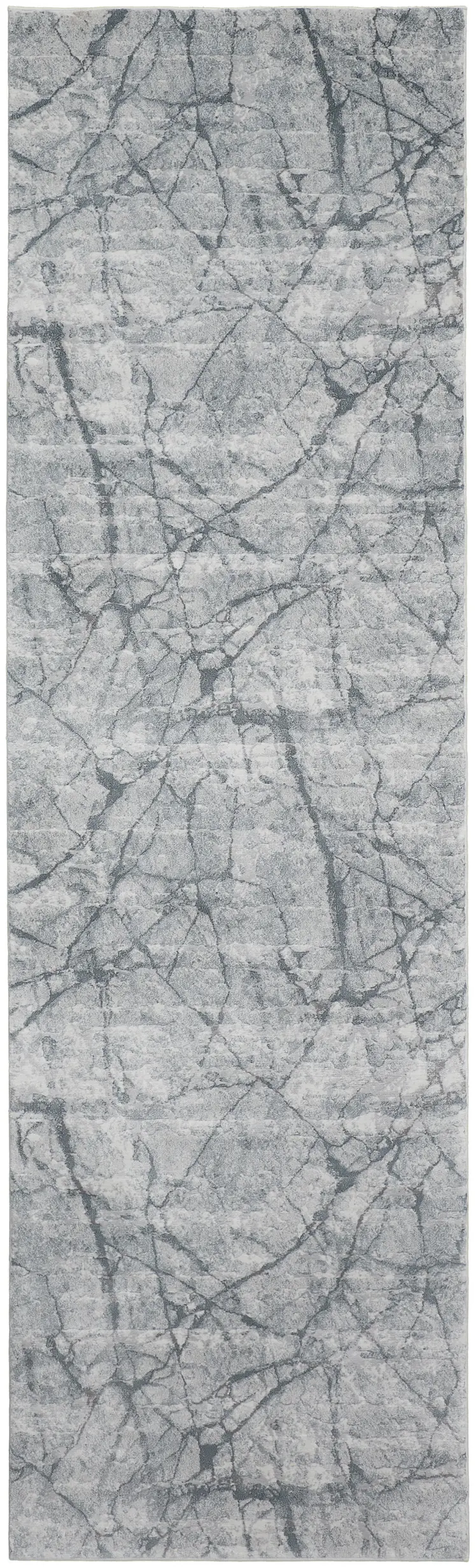 8' Gray and Ivory Abstract Power Loom Worn Faded Runner Rug