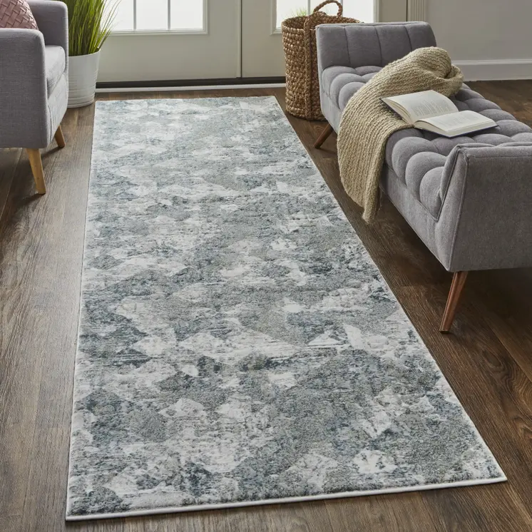 8' Ivory Gray and Green Abstract Power Loom Worn Faded Runner Rug