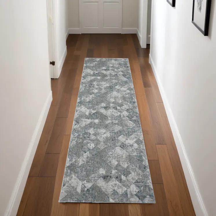 8' Ivory Gray and Green Abstract Power Loom Worn Faded Runner Rug