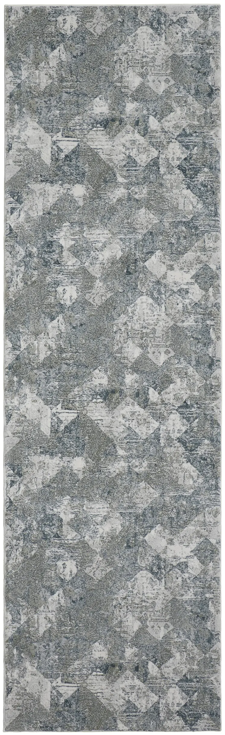8' Ivory Gray and Green Abstract Power Loom Worn Faded Runner Rug