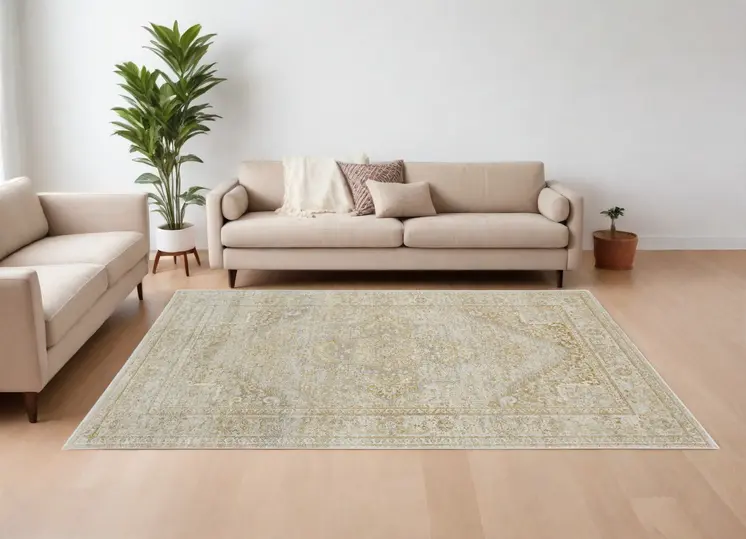 8' X 10' Ivory and Gold Oriental Power Loom Area Rug