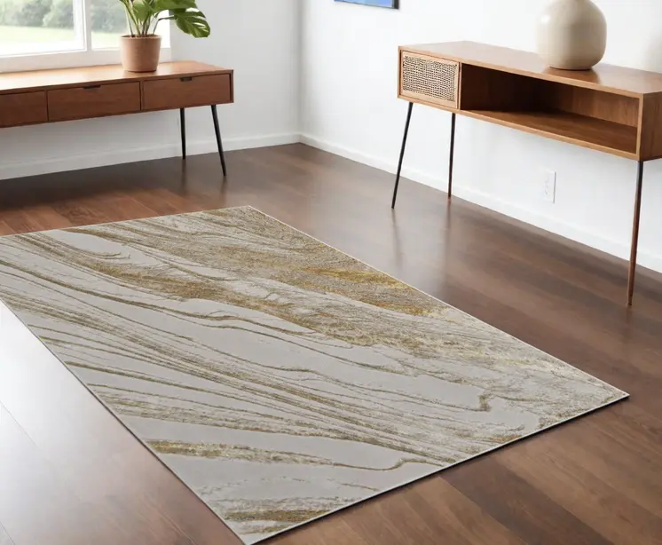 4' X 6' Ivory Brown and Gold Abstract Power Loom Area Rug