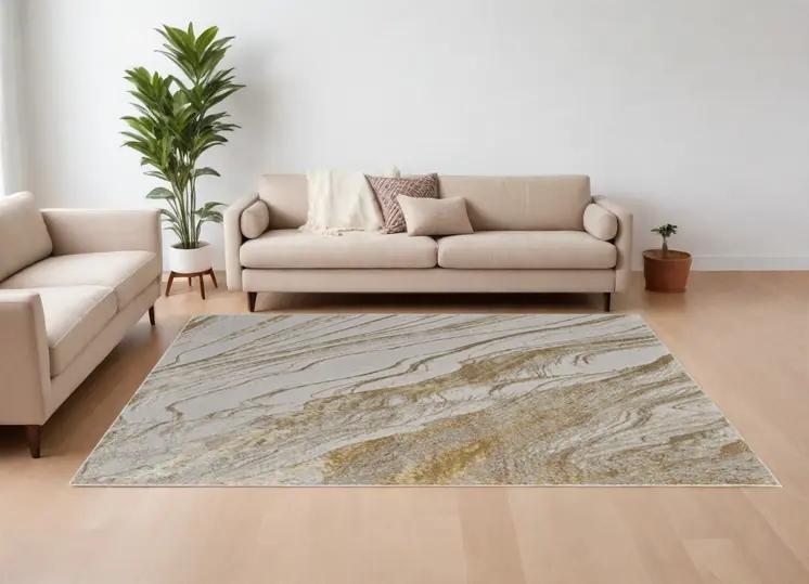 12' X 15' Ivory Brown and Gold Abstract Power Loom Area Rug