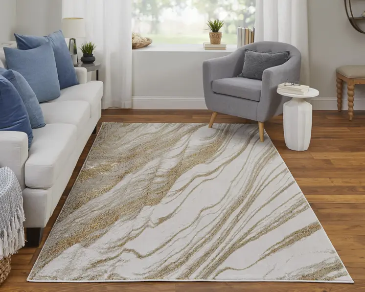 2' X 3' Ivory Brown and Gold Abstract Power Loom Area Rug