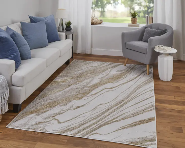 2' X 3' Ivory Brown and Gold Abstract Power Loom Area Rug
