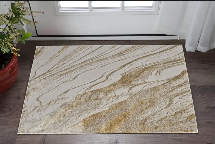 2' X 3' Ivory Brown and Gold Abstract Power Loom Area Rug