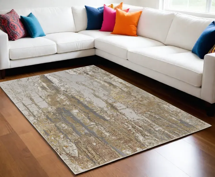 5' X 8' Ivory Gray and Brown Abstract Power Loom Area Rug