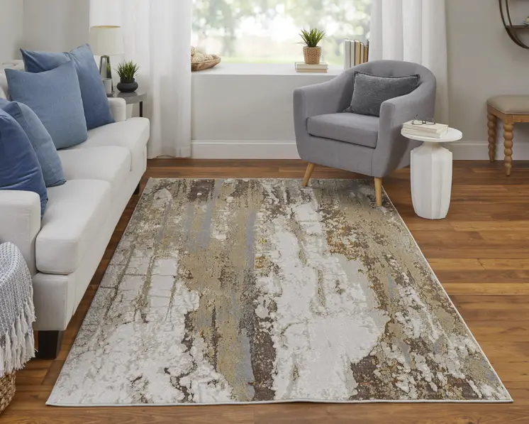 2' X 3' Ivory Gray and Brown Abstract Power Loom Area Rug