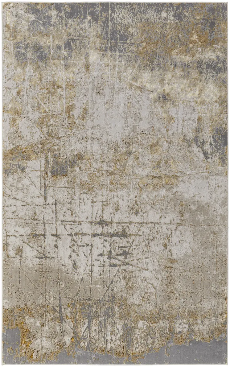 5' X 8' Ivory Gray and Brown Abstract Power Loom Worn Faded Area Rug