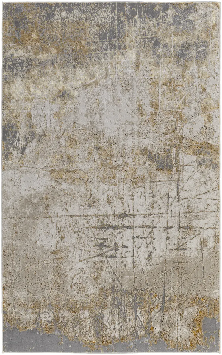 10' X 13' Ivory Gray and Brown Abstract Power Loom Worn Faded Area Rug