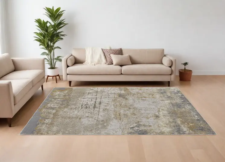 10' X 13' Ivory Gray and Brown Abstract Power Loom Worn Faded Area Rug
