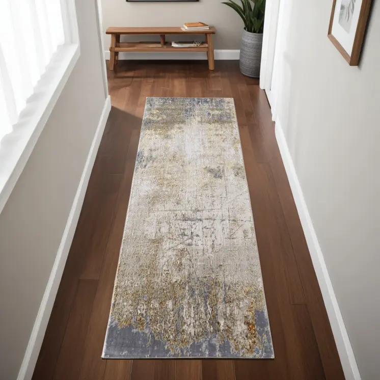 8' Ivory Gray and Brown Abstract Power Loom Worn Faded Runner Rug