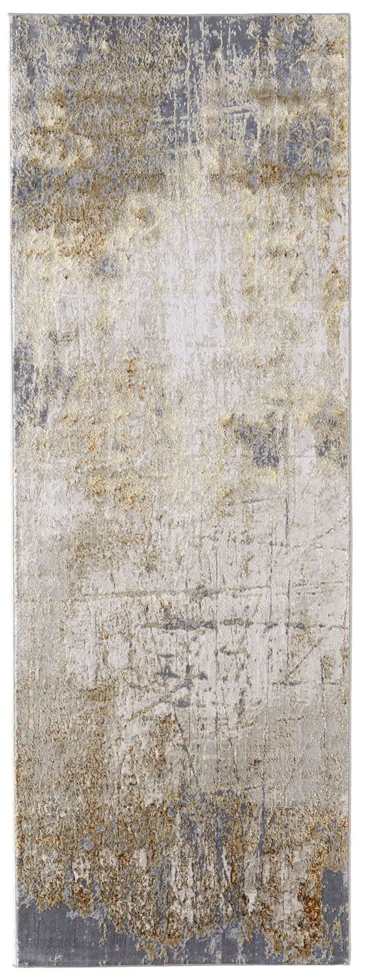 8' Ivory Gray and Brown Abstract Power Loom Worn Faded Runner Rug
