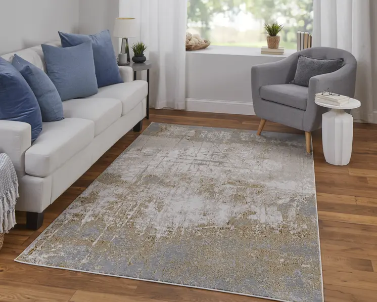 2' X 3' Ivory Gray and Brown Abstract Power Loom Worn Faded Area Rug