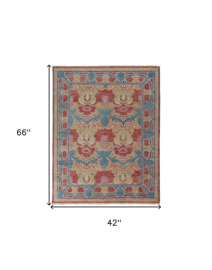 4' X 6' Blue Red and Yellow Wool Oriental Hand Knotted Area Rug