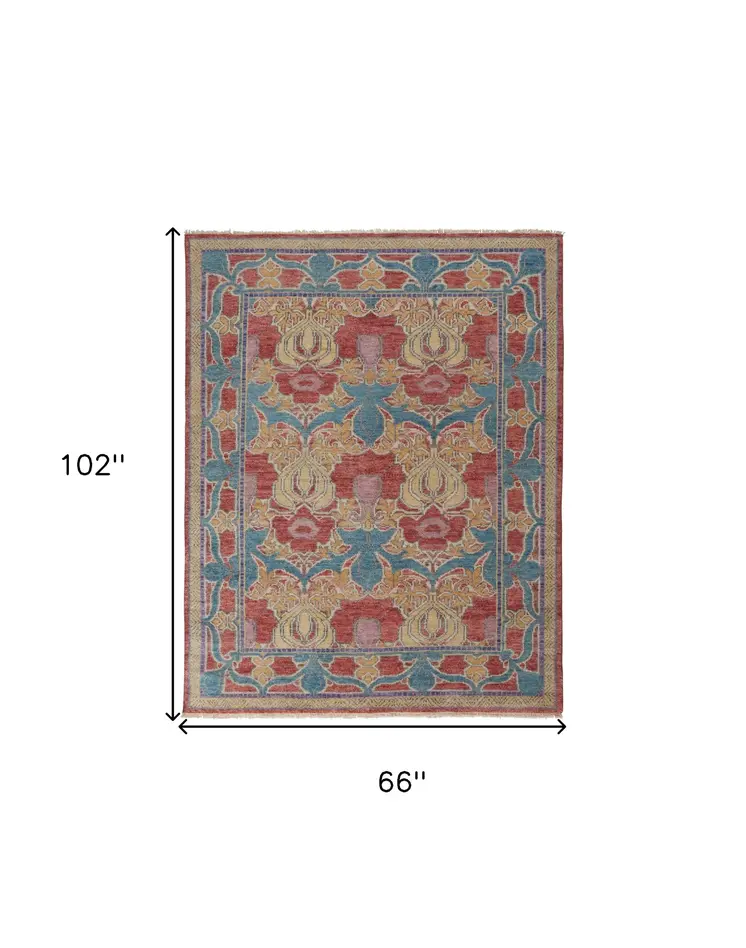 6' X 9' Blue Red and Yellow Wool Oriental Hand Knotted Area Rug