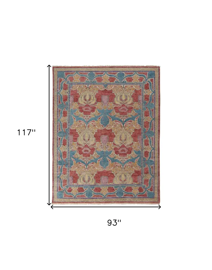 8' X 10' Blue Red and Yellow Wool Oriental Hand Knotted Area Rug