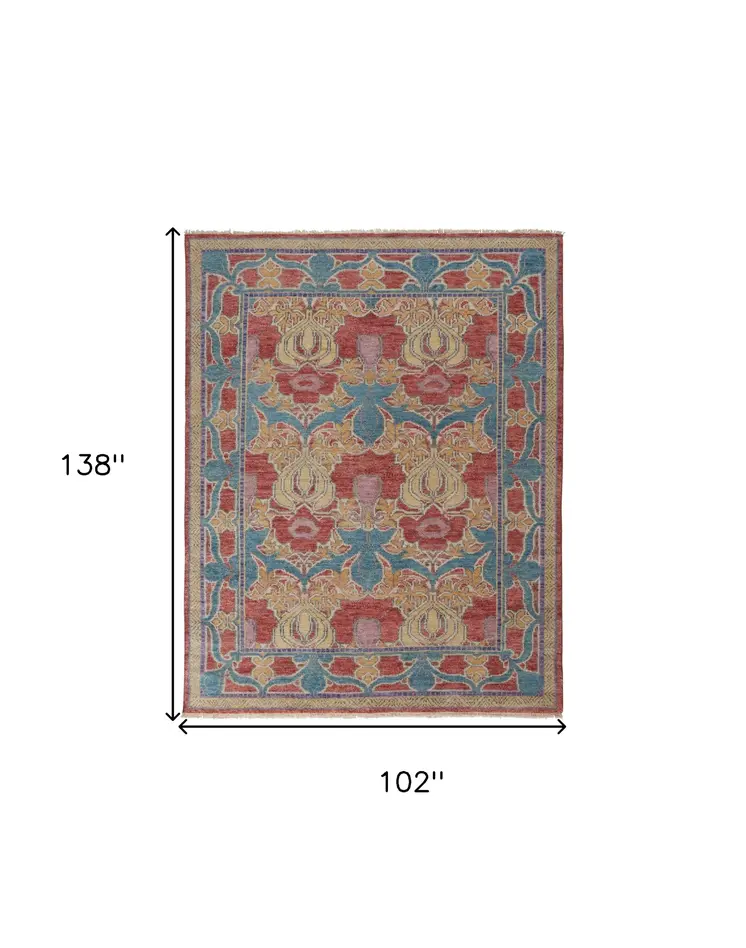 8' X 12' Blue Red and Yellow Wool Oriental Hand Knotted Area Rug