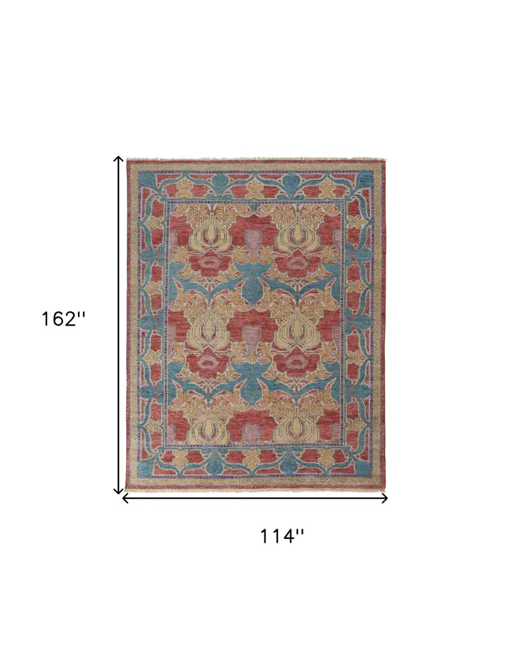 9' X 13' Blue Red and Yellow Wool Oriental Hand Knotted Area Rug