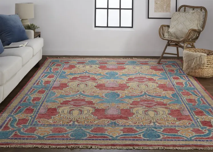 8' Blue Red and Yellow Wool Oriental Hand Knotted Runner Rug