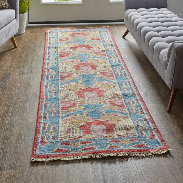 8' Blue Red and Yellow Wool Oriental Hand Knotted Runner Rug