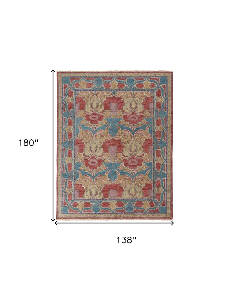 12' X 15' Blue Red and Yellow Wool Oriental Hand Knotted Area Rug