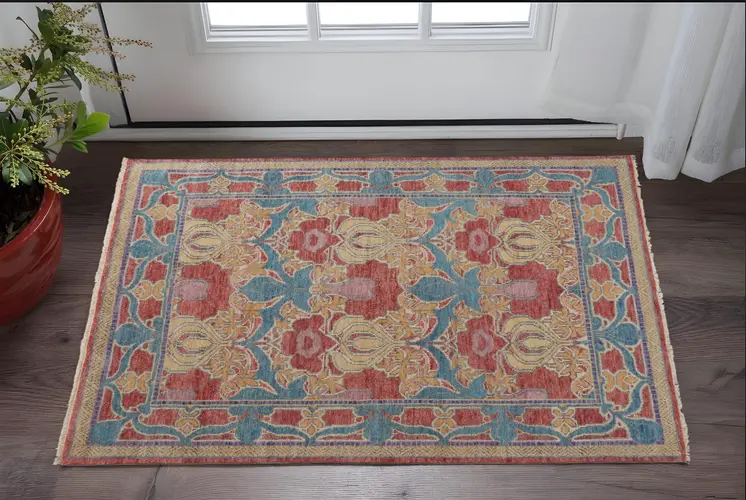 2' X 3' Blue Red and Yellow Wool Oriental Hand Knotted Area Rug