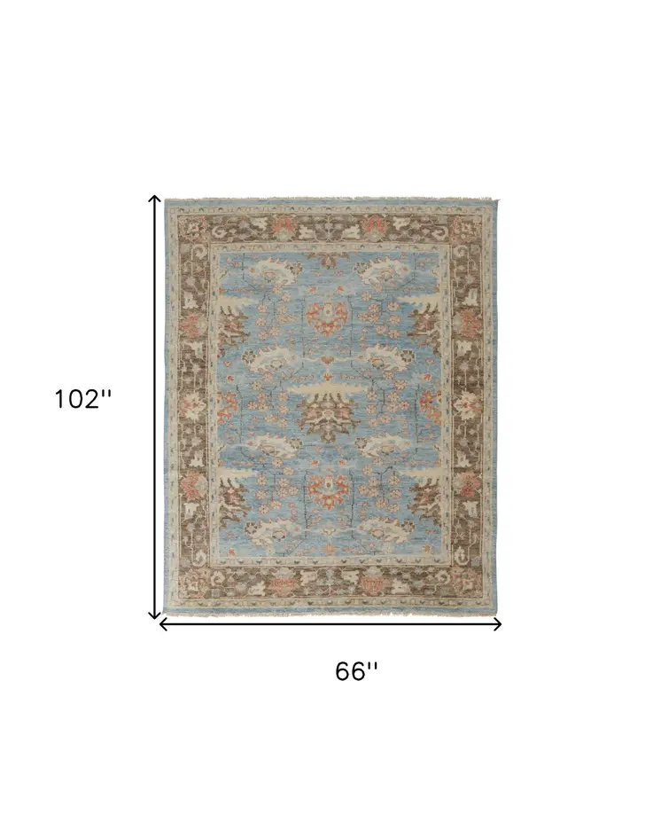 6' X 9' Brown and Blue Wool Oriental Hand Knotted Area Rug