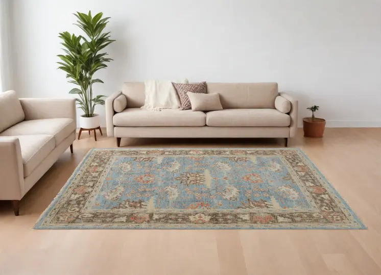 8' X 12' Brown and Blue Wool Oriental Hand Knotted Area Rug