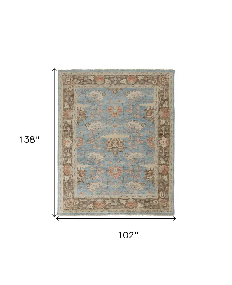 8' X 12' Brown and Blue Wool Oriental Hand Knotted Area Rug