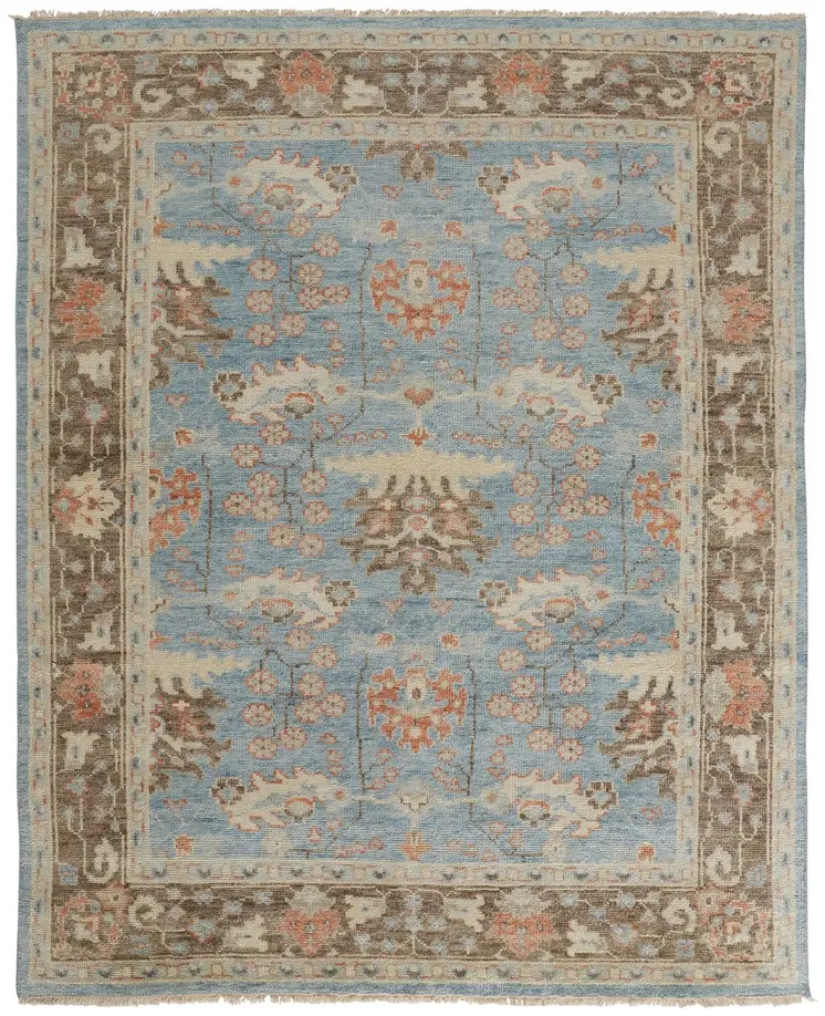 9' X 13' Brown and Blue Wool Oriental Hand Knotted Area Rug