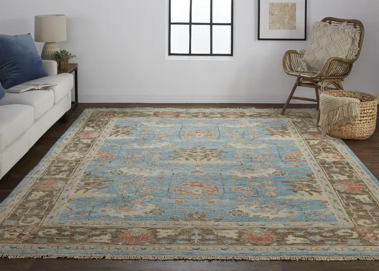 2' X 3' Brown and Blue Wool Oriental Hand Knotted Area Rug