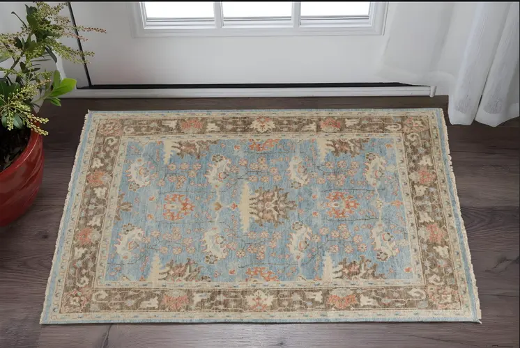 2' X 3' Brown and Blue Wool Oriental Hand Knotted Area Rug