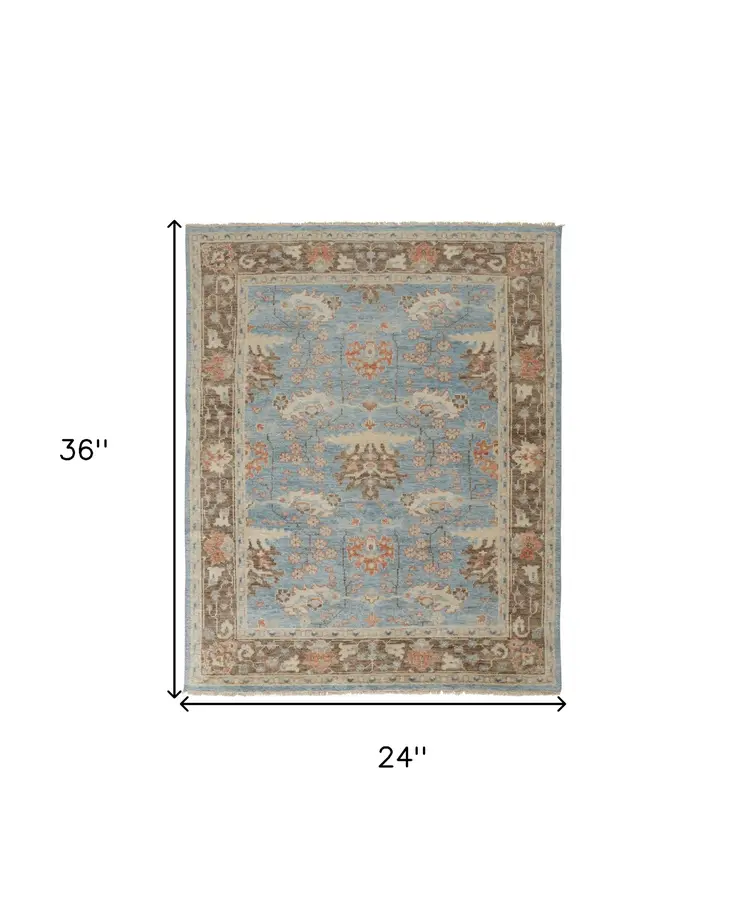 2' X 3' Brown and Blue Wool Oriental Hand Knotted Area Rug