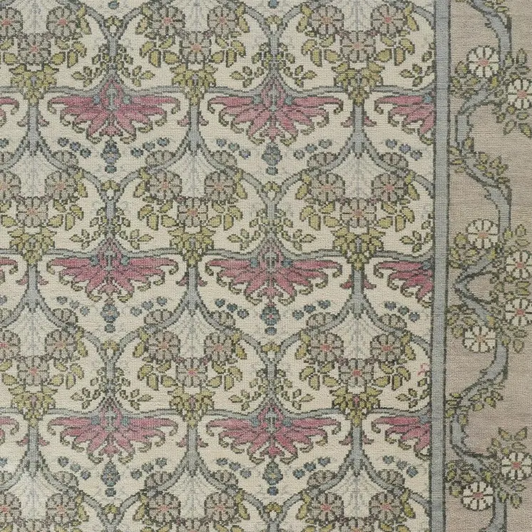 6' X 9' Ivory Gray and Pink Wool Floral Hand Knotted Area Rug