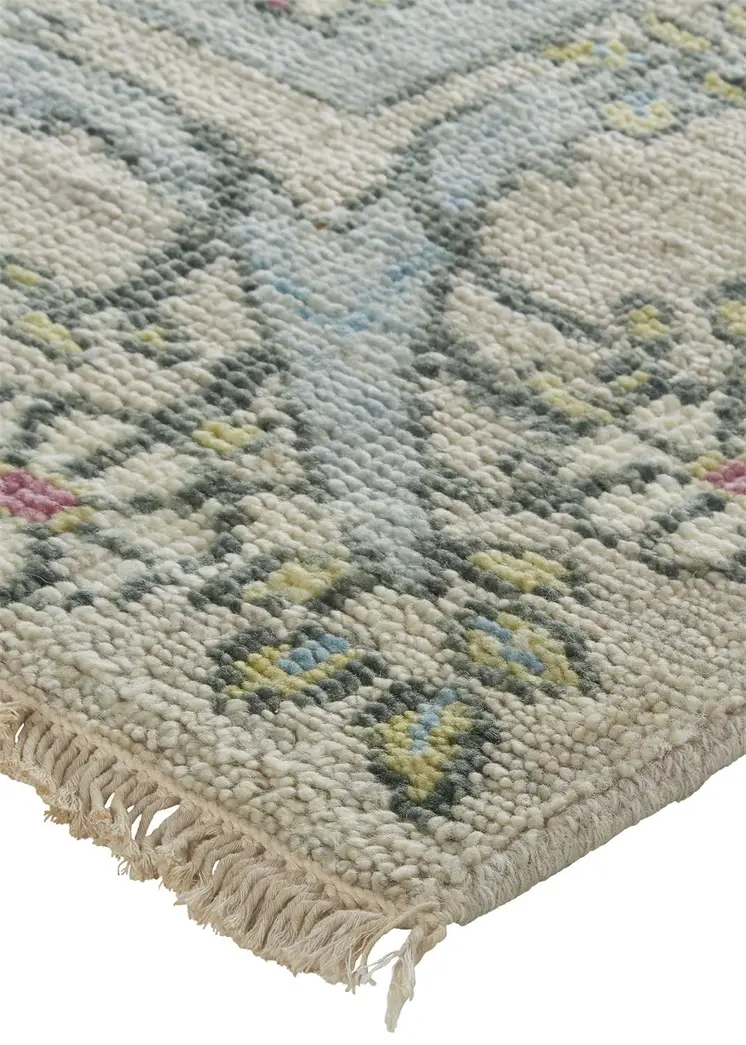 8' X 10' Ivory Gray and Pink Wool Floral Hand Knotted Area Rug