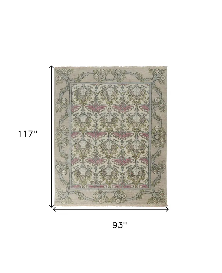 8' X 10' Ivory Gray and Pink Wool Floral Hand Knotted Area Rug