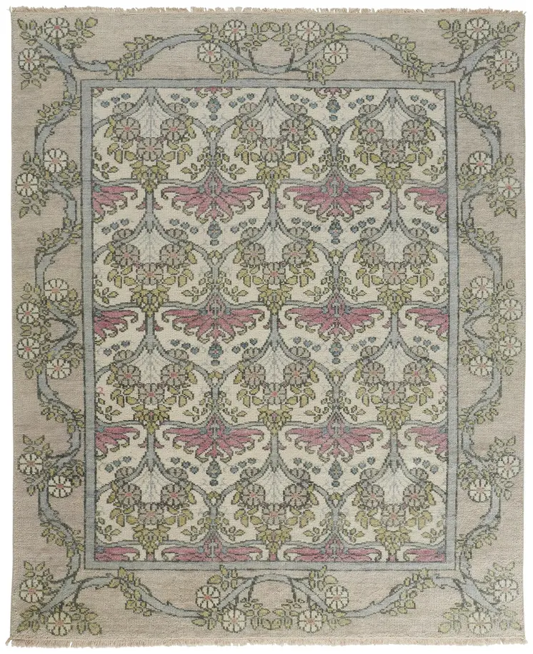 8' X 12' Ivory Gray and Pink Wool Floral Hand Knotted Area Rug