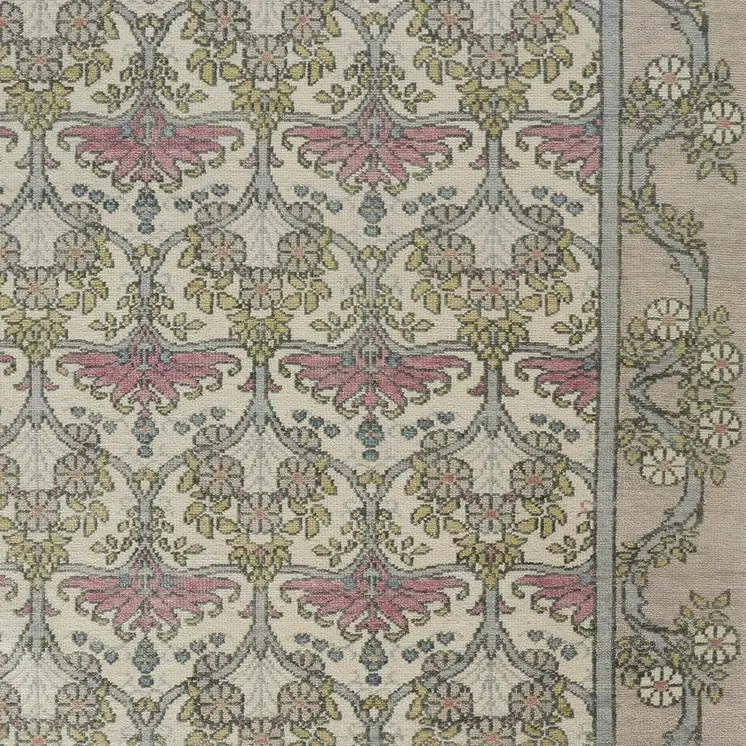 8' X 12' Ivory Gray and Pink Wool Floral Hand Knotted Area Rug