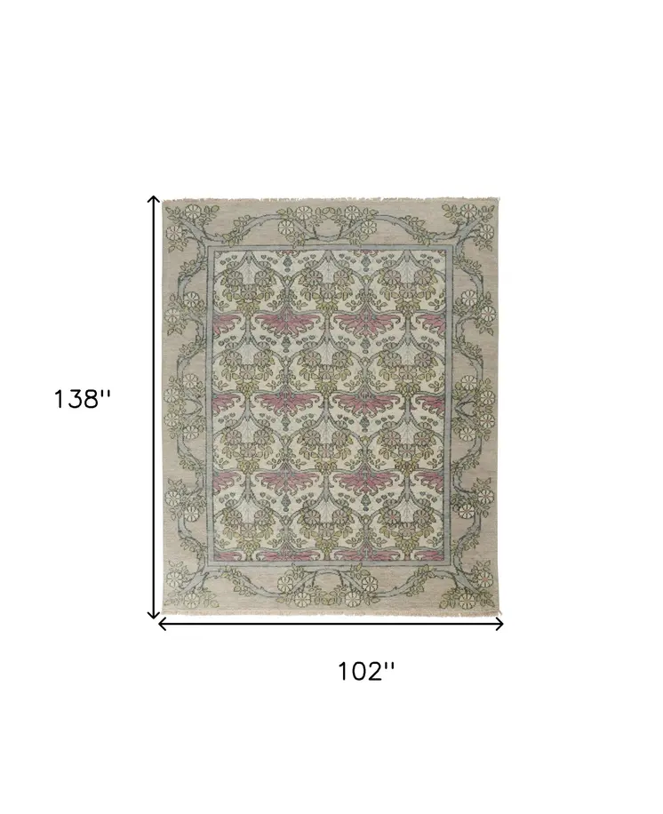 8' X 12' Ivory Gray and Pink Wool Floral Hand Knotted Area Rug