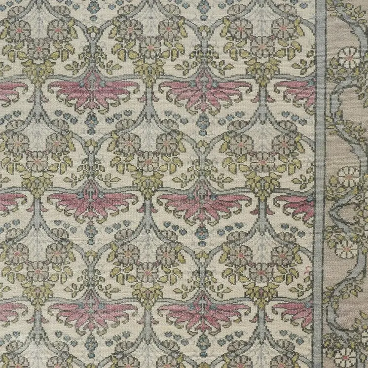 9' X 13' Ivory Gray and Pink Wool Floral Hand Knotted Area Rug