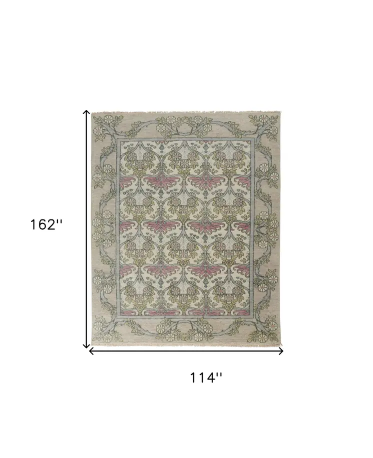 9' X 13' Ivory Gray and Pink Wool Floral Hand Knotted Area Rug