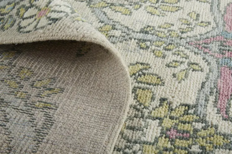 8' Ivory Gray and Pink Wool Floral Hand Knotted Runner Rug