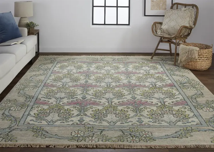 8' Ivory Gray and Pink Wool Floral Hand Knotted Runner Rug