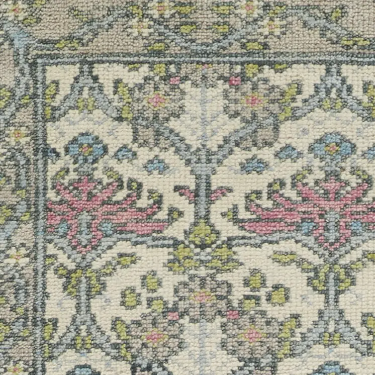 8' Ivory Gray and Pink Wool Floral Hand Knotted Runner Rug