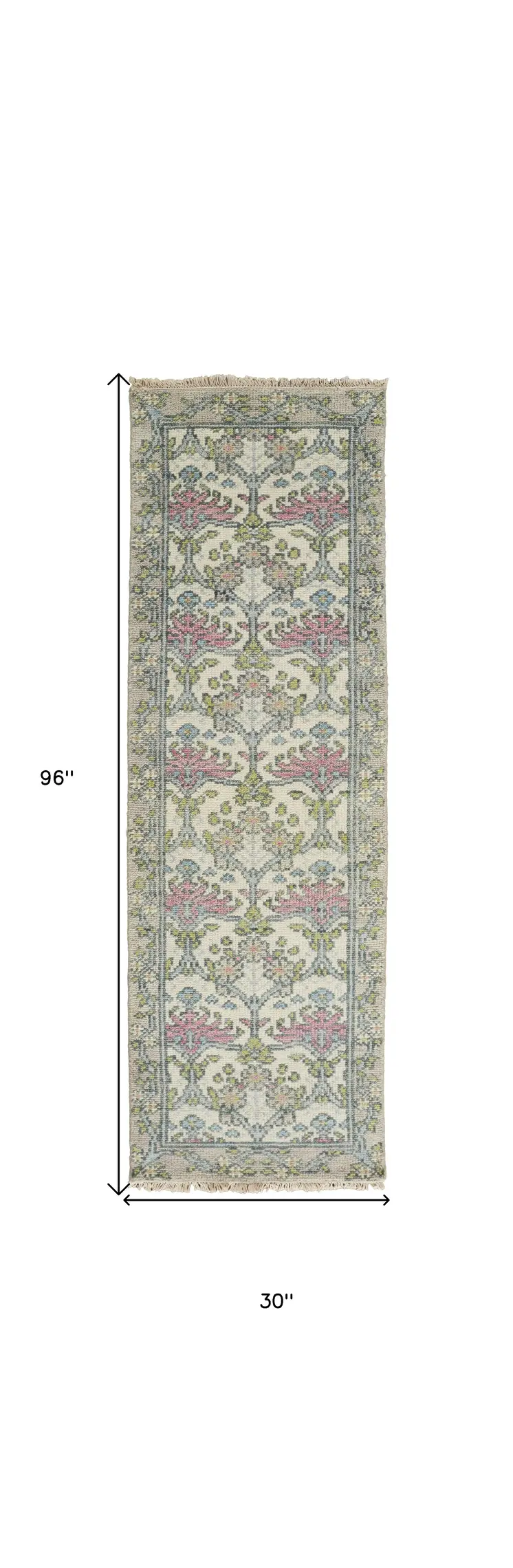 8' Ivory Gray and Pink Wool Floral Hand Knotted Runner Rug